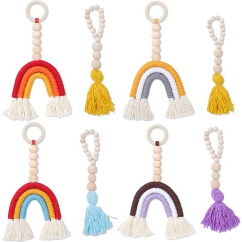 Wooden Teether Baby Teething Ring Rainbow Tassel Nursing Beech Teether Baby Sensory Toy Hand-woven Teether Baby Stroller Pendant
