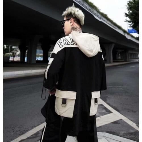 Streetwear harajuku aesthetic tooling pockets hip-hop hooded short-sleeved men T-shirt fake two-piece half-sleeved lovers shirt