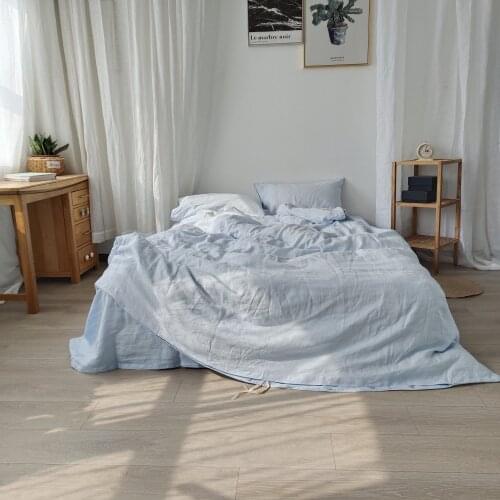 Set o0f 4 Pre stone washed 100% Natural Linen Sky blue and Brown bedding duvet cover set+ 2 pillowcases + flat sheet Tsingtao