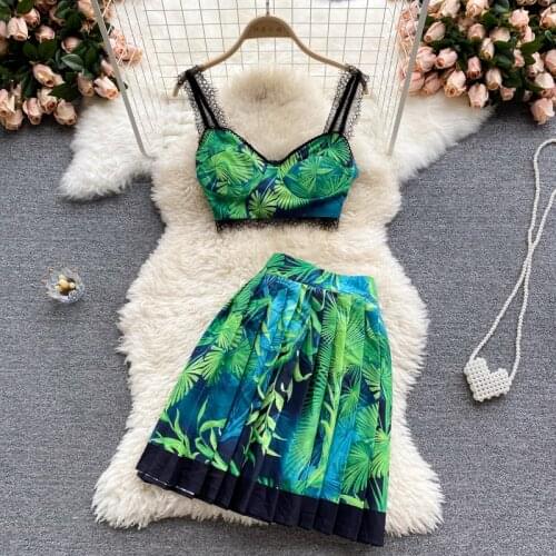 European and American Vacation Style Suit Womens Summer Short Camisole Design Sense Printed Skirt Two-piece Trend