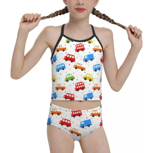 2021 anime Swimwear for junior high school Girls Print Cute Car Pattern Bikini Wholesale Brand for Children Girl