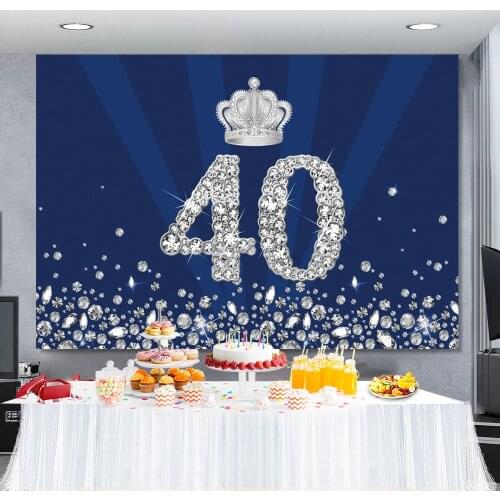 Laeacco 20 30 40 50th Birthday Party Silver Crown Glitter Diamonds Polka Dots Blue Prince Photo Backdrop Photography Background