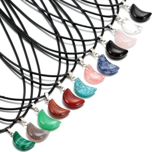 New Arrivals 12 Multi Color Natural Crystal Stone Moon Shape Pendant Necklace with Leather rope 16-18" Length DZ0501