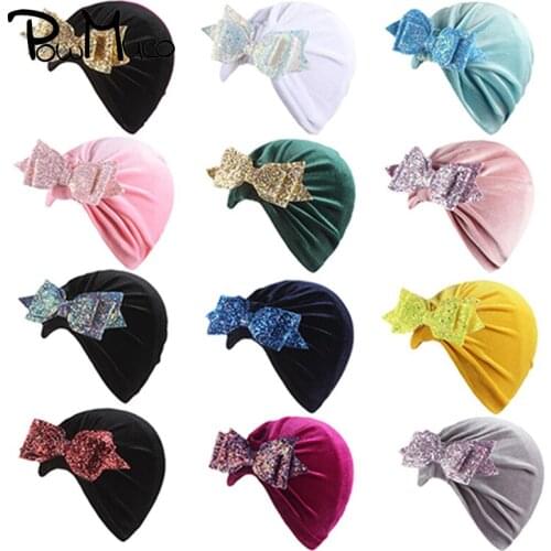Powmuco Glitter Sequins Bowknot Baby Girls Warm Hats Fashion Soft Gold Velvet Infant Caps Handmade Dovetail Bows Kids Headwear