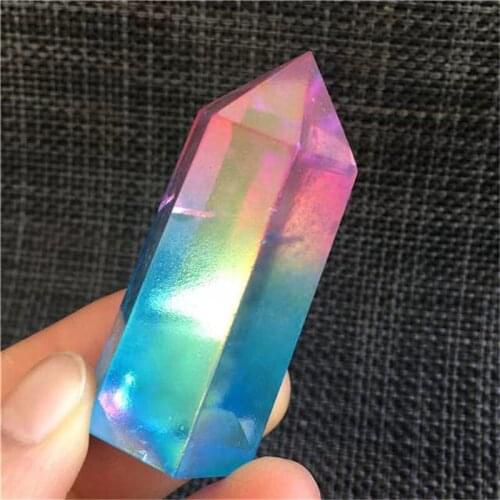 Natural blue crystal specimen obelisk double color crystal wand point aura Titanium coating 1pc