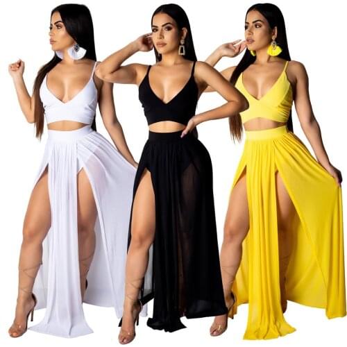 Sexy V Neck Women Slit Skirt Set Spaghetti Strap Crop Top + Slit Open Long Skirt Two Pieces Set Beach Dress Summer Chiffon Suit
