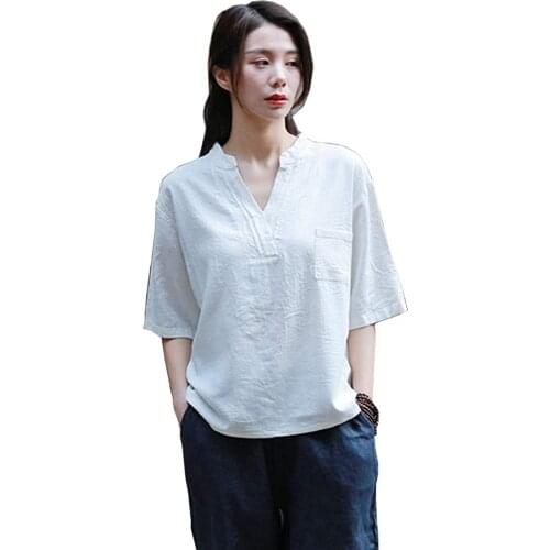 Shanghai Story V-Neck Linen Tops Short Sleeve Hi-Low Hem Shirt with Pocket 4 Color