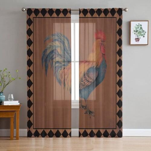 Farm Animal Rooster Retro Plaid Tulle Curtains Kitchen Door Curtain Chiffon Sheer Voile Christmas Curtains for Living Room
