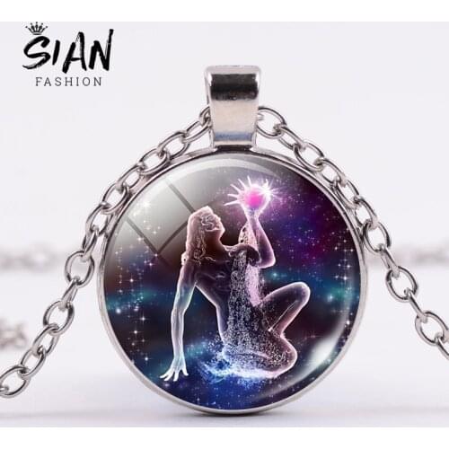 SIAN12 Constellation Art Photo Necklace Zodiac Signs Cabochon Glass Pendant Clavicle Chain Necklace Birthday Gifts for Men Women