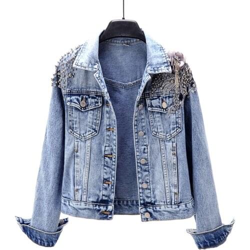 Spring Fall Heavy craft Embroidery 3D Flower Beading Chain Tassel Women Denim jacket Chaquetas mujer Short Plus size Jean jacket