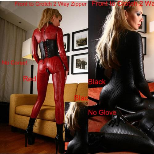 Women Black Red Hot Faux Leather Latex Catsuit Clubwear Sexy Jumpsuit With Zipper to Crotch Sex Fetish Bondage Harness Costumes