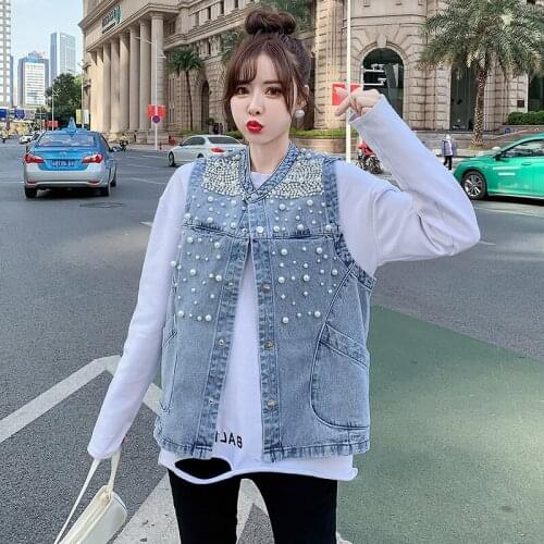 Pearl Beaded Light Blue Denim Vest Stand-up Collar Short Big Pocket Women Waistcoat Vintage Autumn Casual Jeans Sleeveless Tops