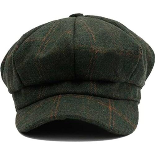 New Autumn Spring Cute Casual Octagonal Hat Female Small Plaid Beret British Retro Duck Tongue Painter Wool Hat