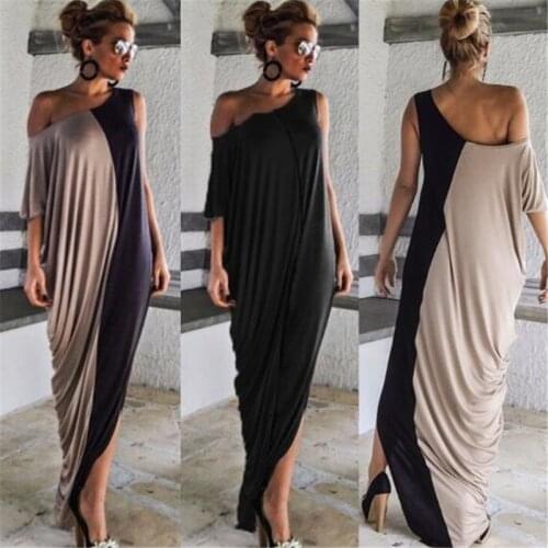2020 Splice Contrast Panel Women Dress Summer Casual Loose Off Shoulder Short Sleeve Ladies Irregular Maxi Long Dress Vestidos