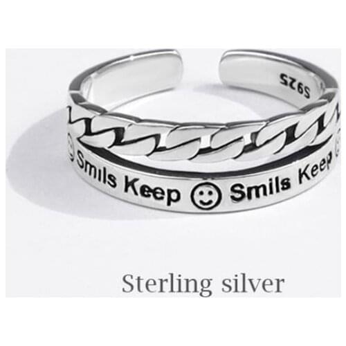 Season Gate Sterling Silver Retro Fashion letters Keep Smils Lucky Wave Weaving Adjustable Size Open Ring for Women Girls SR069
