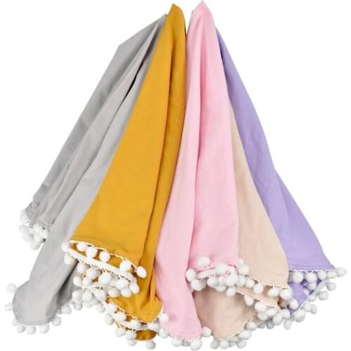 100% Cotton Blanket Wrapper with Pompon Edge for Baby Kids Swaddle Towel Small Blanket Solid Portable Car Travel Cover