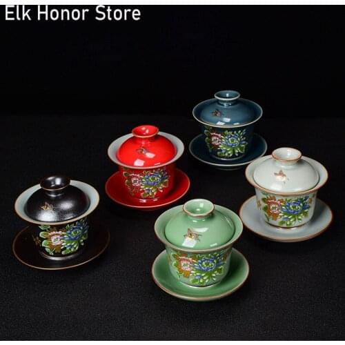 200ml Ru Kiln Outline In Gold Gaiwan Personal Cups Handmade Arabesquitic Tureen Kung Fu Tea Tureen Drinkware Office Decoration