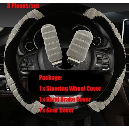 3 Pieces Universal Plush Car Steering Wheel Covers Winter Faux fur Hand Brake & Gear Cover Set Car Interior Accessories
