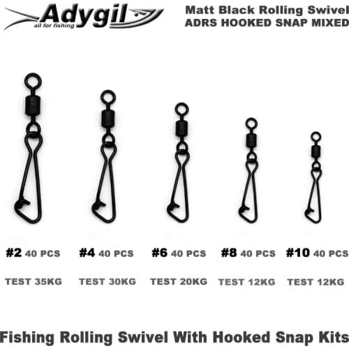 Adygil Matt Black Fishing Rolling Swivel With Hooked Snap Kits ADRS HOOKED SNAP MIXED Rolling Swivel #2 #4 #6 #8 #10 200pcs/lot