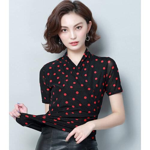 Womens Spring Summer Style Blouses Shirt Womens Lace V-neck Polka Dot Short Sleeve Korean Elegant Mesh Tops DD8599
