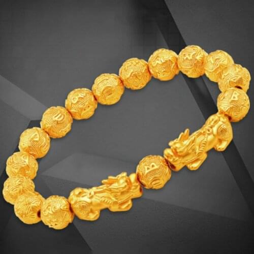 Fengshui Vietnam Shakin Pixiu Bracelets Natural Stone Golden Bead Carved Inscription Couples Charm Lucky Wealth Bracelet Jewelry