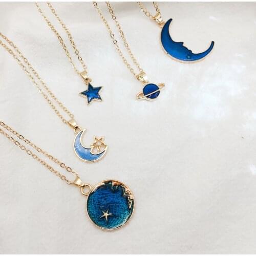 Fashion Moon Pendant Necklace For Women Girls 2021 Trendy Cute Blue Star Pendant Chain Neck Jewelry For Girls Gift Factory Price