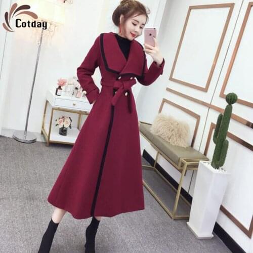 Cotday Cotton Loose Womens Long Coat Thick Autumn Windbreaker Hepburn Red Plus Size Coat Slim Belt Femme Woolen Blend Coat