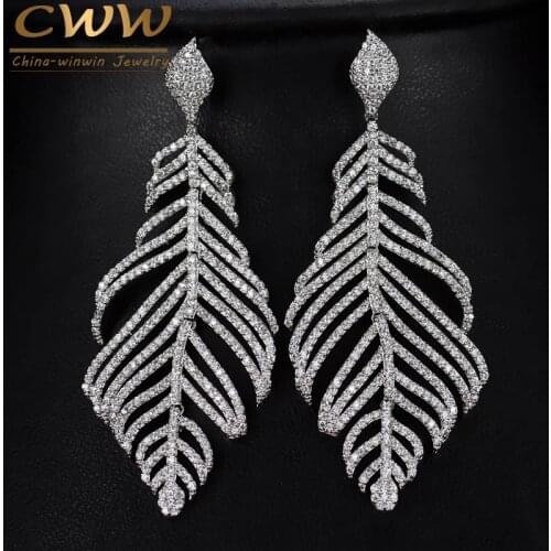 CWWZircons Special Micro Cubic Zirconia Stone Paved Large Long Dangle Drop Feather Earrings Ladies Luxury Designer Jewelry CZ366