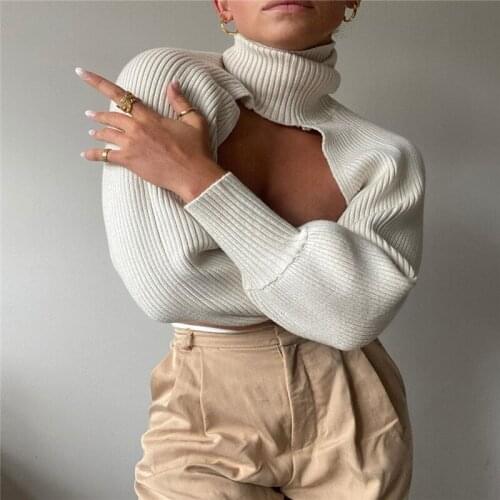 Women High Collar Long Puff Sleeve Knitwear Pullover Female Sweater 2021 New Knitting Outfits Streetwear