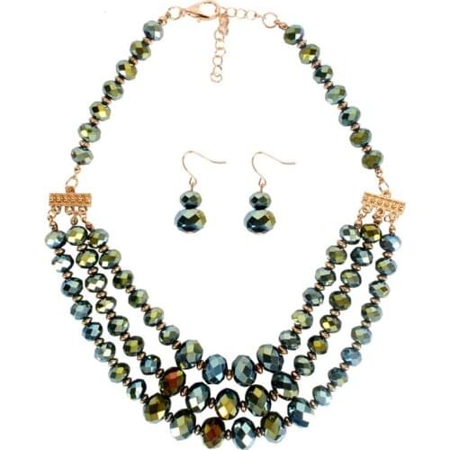 Elegant Women Jewelry Sets Artificial Crystal Beads Pendants Multi Layer Chain Choker Necklace Collar Drop Earrings Set Jewelry