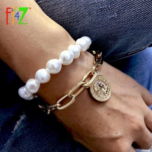 F.J4Z 2019 Hot Baroque Irregular Pearl Charms Bracelet Gold Metal Chains Coin Toggle Bangles for Women Ladies Jewelry Gifts