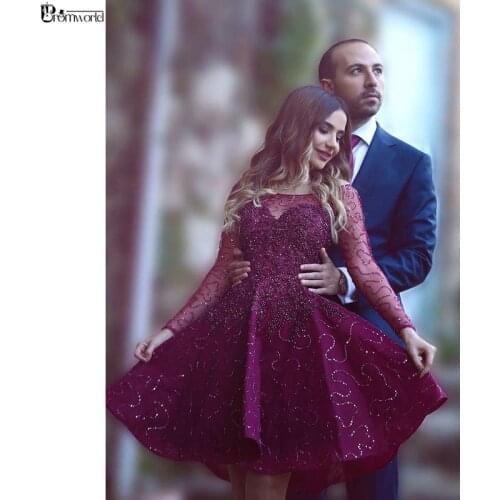 Purple 2020 Homecoming Dresses A-line Long Sleeves Short Mini Pearls Sequins Beaded Sparkle Elegant Graduation Cocktail Dresses