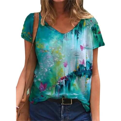 Women T-shirt Tops Floral Print Loose Top Women Short Sleeve V Neck Top for Summer Ladies Casual Loose Streetwear Oversized