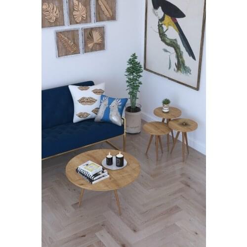Retro 3'lü Round Zigon Coffee Table, Serving Stand and Paris Medium Coffee Table-Oak coffee table