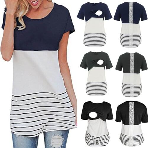 Summer Womens Round Neck Short Sleeve Nursing Striped Lace Splicing T-shirt Breastfeeding Maternity Pregnant Pregnancy Tops#g4