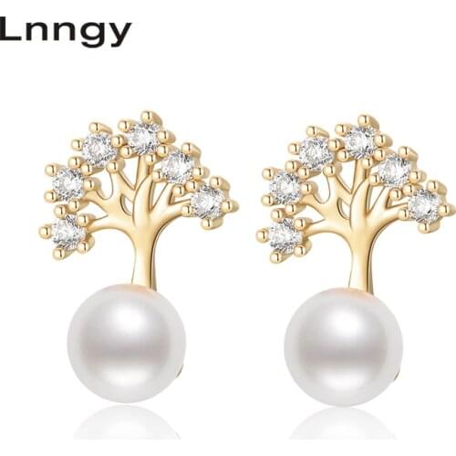 Lnngy 14K Gold Filled 6-6.5mm Stud Earrings Natural Freshwater Pearl Tree Shape Earrings Women Anniversary Fine Jewelry Gifts