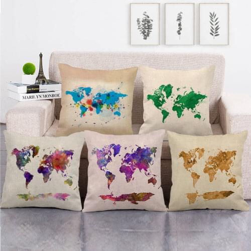 Cute Vintage Map Green One Side Print Cushion Cover Linen Pillow Cover for Home Sofa Seat Throw Covers Decorative 45X45cm