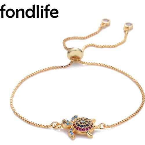 Multicolor Cubic Zirconia Crystal Sea Turtle Luck Charm Slide-clasps Adjustable Bracelet Girl Semiluxury Copper CZ Jewelry Gift