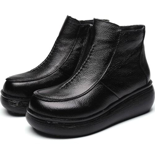 2020 New Genuine Leather Winter Boots for Women Flat Shoes Ladies Snow Boots Womens Flat Keep Warm Platform Work Shoes