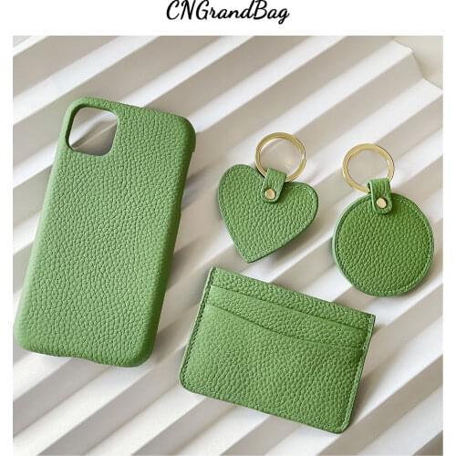 New Customized Gift Set Genuine Grain Leather Mobile Phone Case for 11 12 PRO MAX Matched Circle/Heart Keychain Cardholder