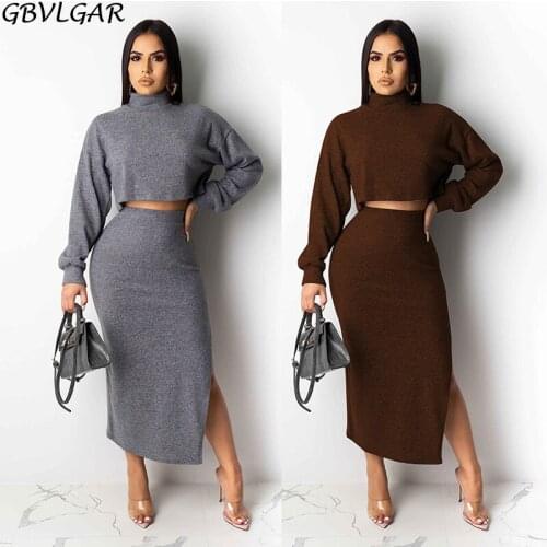 Autumn Winter 2020 Knitted Women Pullovers Sweater Crop Tops Knitted Skirts Bodycon Office Lady Two Piece Suits Sets Tracksuit