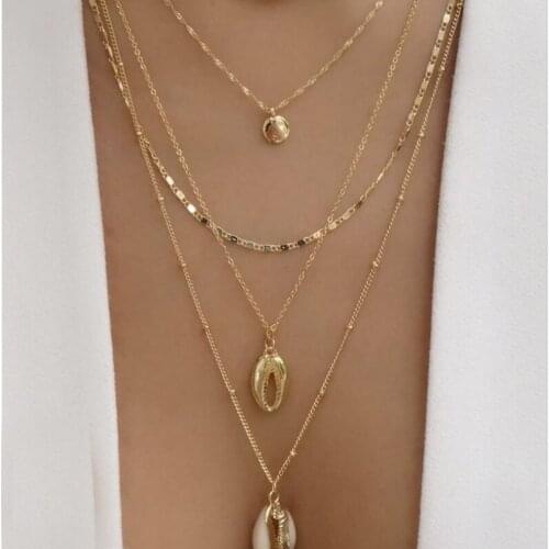 4 Pcs/Set Bohemian Charm Necklaces Women Gold Shell Geometric Pendant Multilayer Gold Necklace Beach Fashion Jewelry Accessories