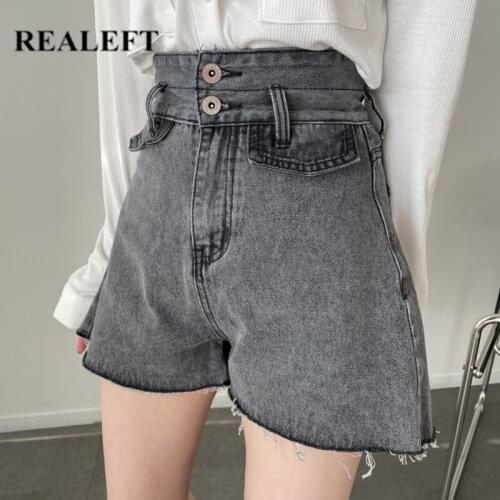 REALEFT Summer 2021 New High Waist Buttons Denim Shorts Tassel Womens Casual Loose Ladies Fashion Female Classic Jeans Trouses