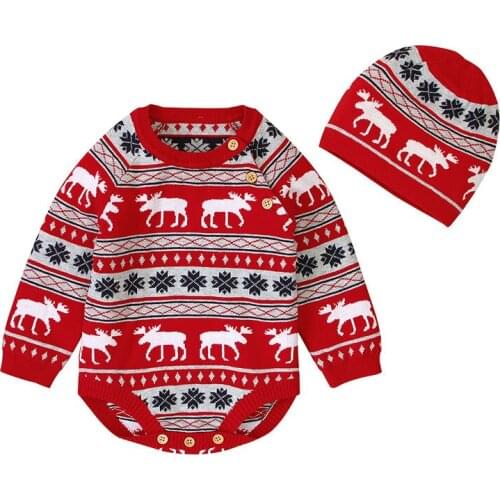 Baby Girl Boy Christmas Knitted Sweater Bebe Winter Cartoon Deer Romper+Print Hat Outfits for Toddler Girl Boy Button Clothes