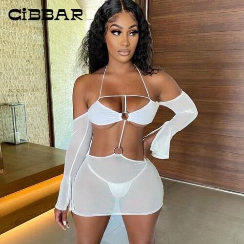 CIBBAR Sexy Mesh Two Piece Sets Women Summer Beachwear See Through Hollow Out Mini Dress+Underpants Suits Skinny Party Clubwear