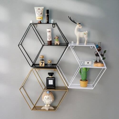 Hexagonal Wall Rack, Three-tier Structure Geometric Iron Grid Decorative Hanging Shelf