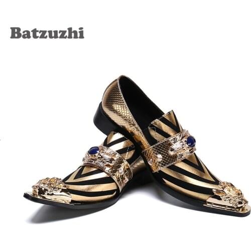 Batzuzhi Formal Shoes Men Metal Pointed Toe Formal Business Leather Shoes Zapatos Hombre Party and Wedding Shoes Men Gold,Big 12