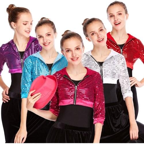 MiDee Hip Hop Dance Crop Top for Girl Kids Sequin Hoodies Unisex Half Sleeves Short Cardigan Jazz Jacket Coat Performance Wear