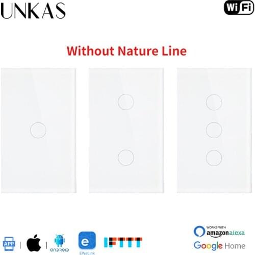 UNKAS 1/2/3 Gang Crystal Tempered Glass Panel WIFI Touch Switch US Standard Ewelink APP Home Single Fire Line Wireless Switch