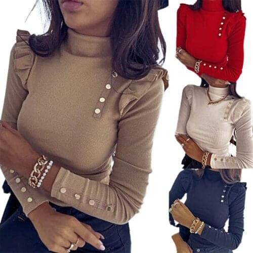 Women Elegant Solid Color Ruffle Blouse Shirt 2020 Autumn Long Sleeve Pullover Tops Ladies New Casual O-Neck knit Blusa Female